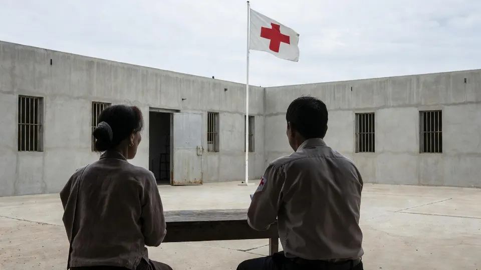 Twee mensen lopen op een binnenplaats bij een gebouw met een vlag van het Rode Kruis