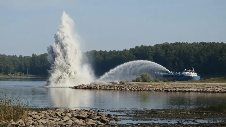 Rotsblokken worden opgeblazen in de Donau om de koelwatervoorziening van kerncentrale Cernavodă te herstellen