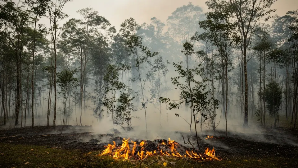 Smeulend vuur in het bosgebied bij Oostrum, waar een natuurbrand ongeveer 100 hectare heeft getroffen