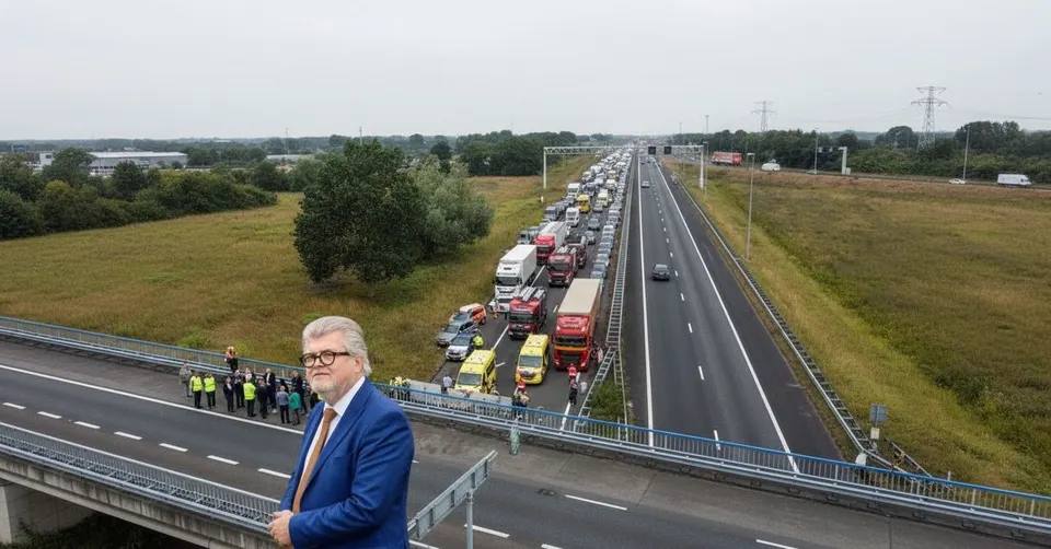 Locoburgemeester Aad van Orden bij een file op de A12 richting de Duitse grens