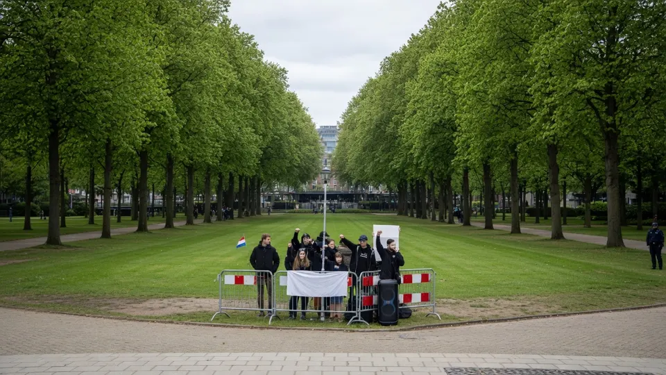 Demonstranten staan met borden en spandoeken in een park bij het ministerie van Asiel en Migratie