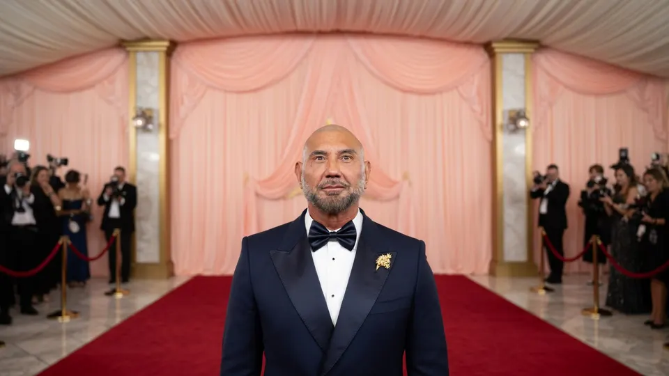 Dave Bautista poseert op de rode loper, terwijl hij in gesprek is over de rol van Kratos