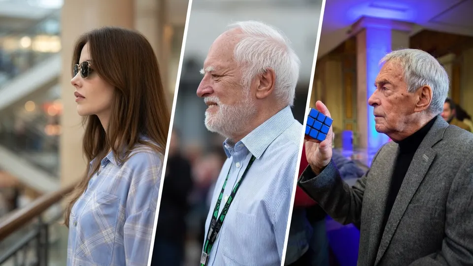 Van links naar rechts: model Barbara Palvin, uitvinder Ernő Rubik en internetmeme András Arató