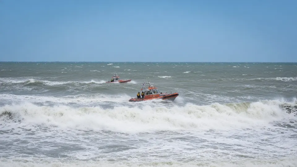 Reddingsboten van de KNRM zoeken voor de kust van Callantsoog naar een vermiste zwemmer