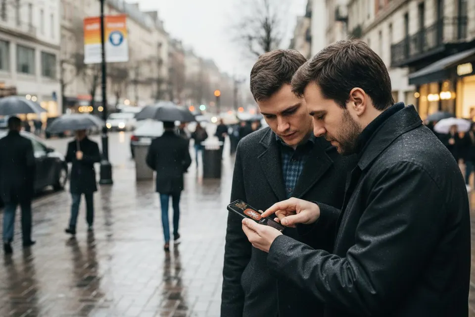 Twee mannen bekijken een smartphone in een drukke, regenachtige winkelstraat