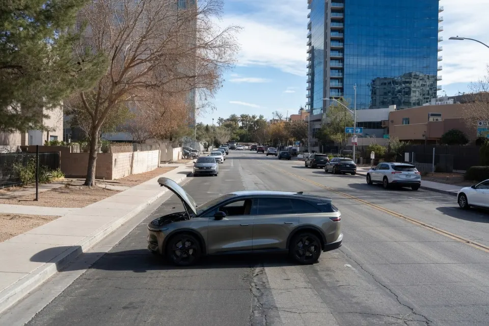 Een elektrische Lucid staat met geopende motorkap stil op een straat