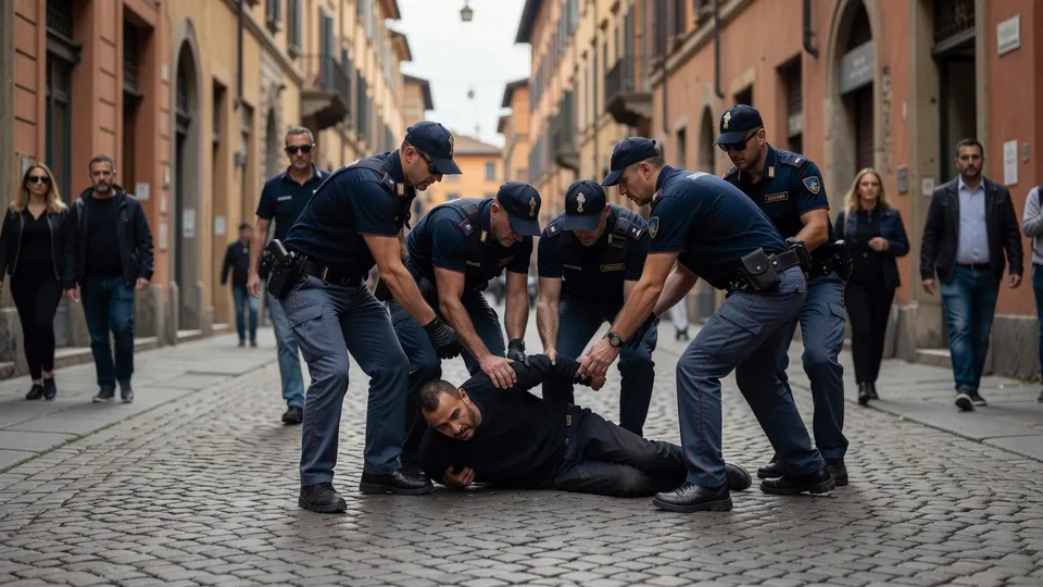 Agenten houden Abderrahim Fakir tijdens zijn arrestatie tegen de grond in Bologna