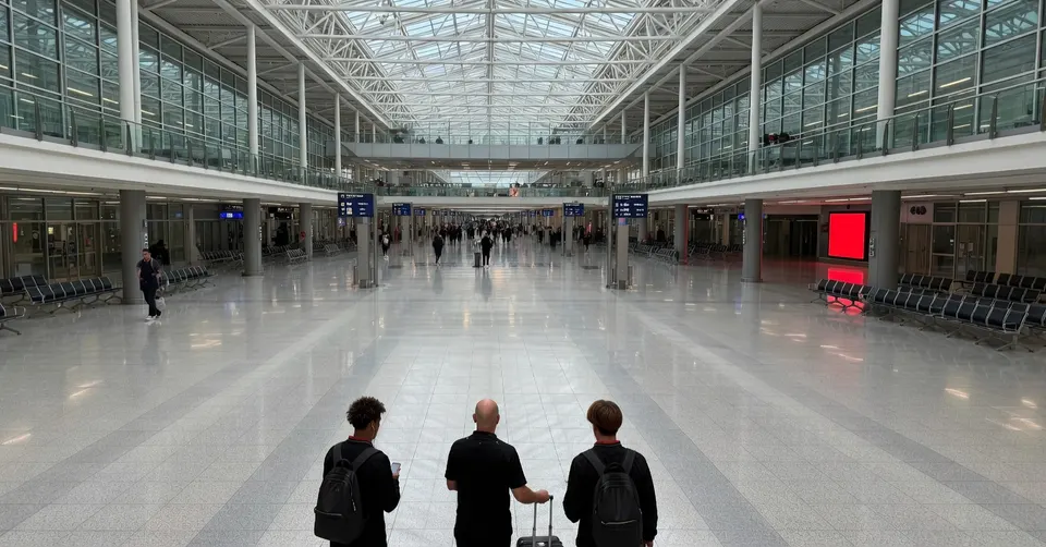 Reizigers lopen door een vertrekhal van een luchthaven