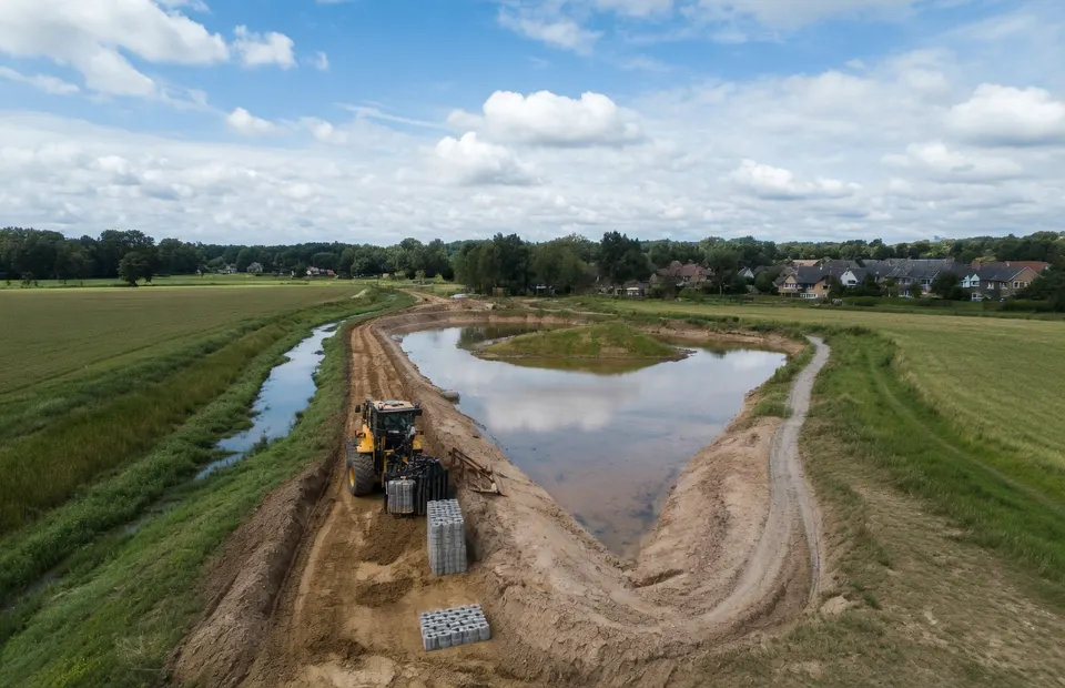 Werkzaamheden aan een waterberging tijdens aanhoudende droogte