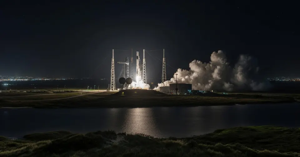 Een raket wordt 's nachts gelanceerd vanaf een lanceerplatform