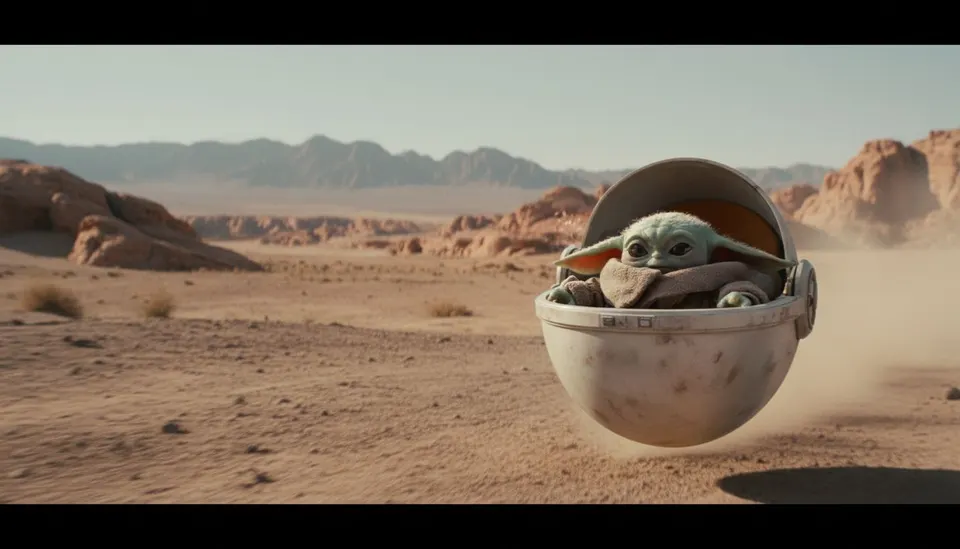 Grogu in zijn zwevende kinderwagen op een woestijnplaneet in Star Wars: The Mandalorian and Grogu