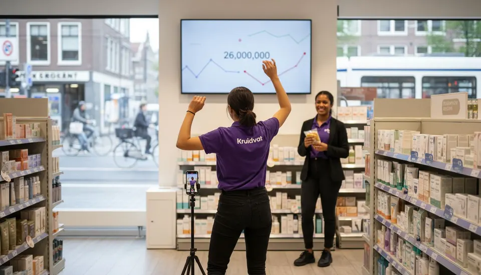 Aïsha Vis danst in een Kruidvat-filiaal, terwijl op het scherm 26 miljoen views worden getoond