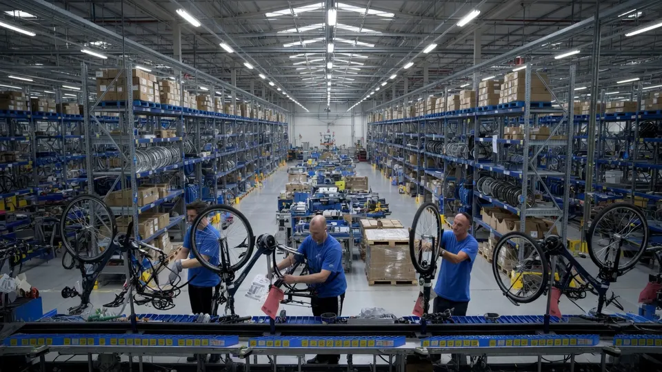 Medewerkers assembleren fietsen in een fabriek van Accell