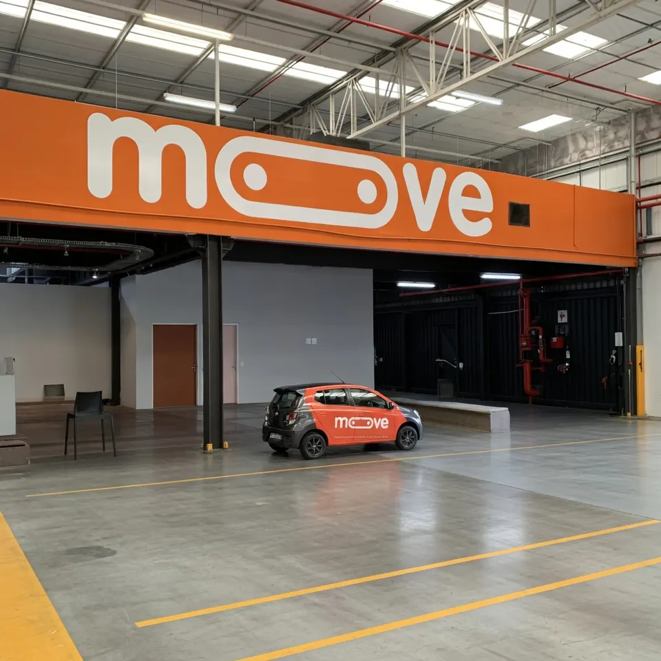 Een auto van mobiliteitsbedrijf Moove in een servicecentrum