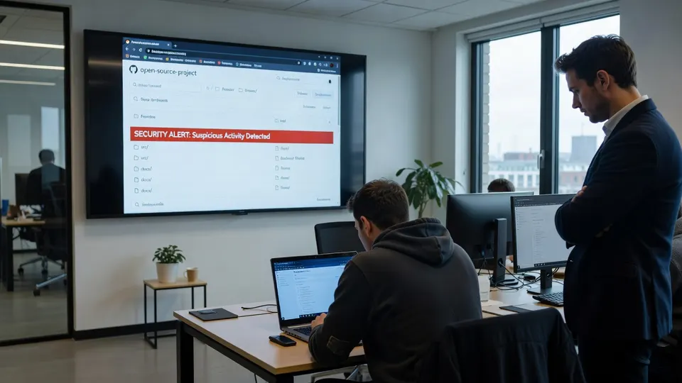 Medewerkers bekijken een scherm met een beveiligingswaarschuwing in een kantoor
