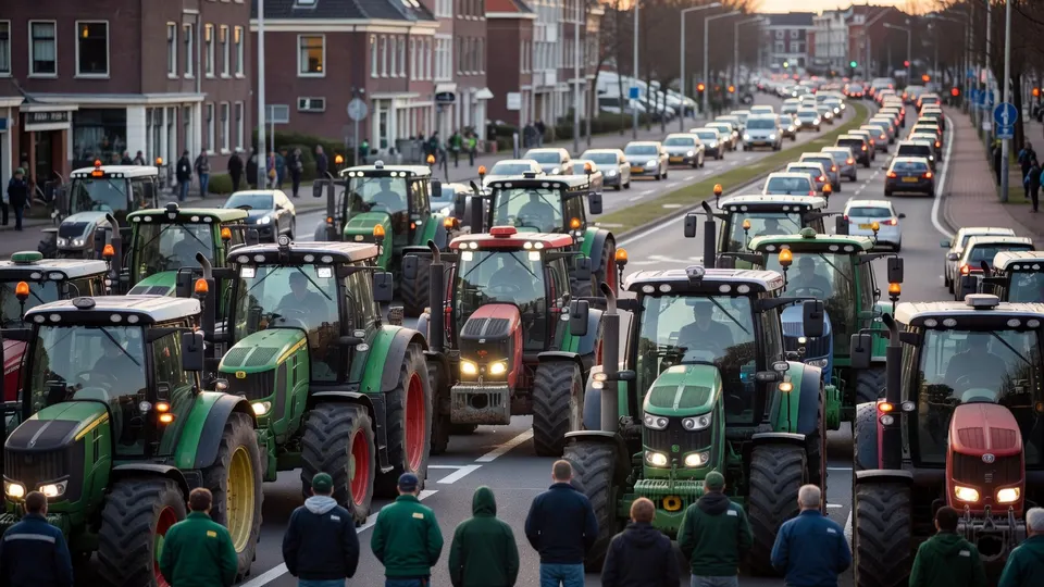 Trekkers blokkeren een kruispunt in Apeldoorn tijdens een boerenprotest