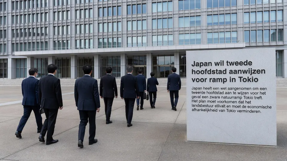 Mensen lopen langs een informatiebord over Japans plan voor een tweede hoofdstad bij een ramp in Tokio