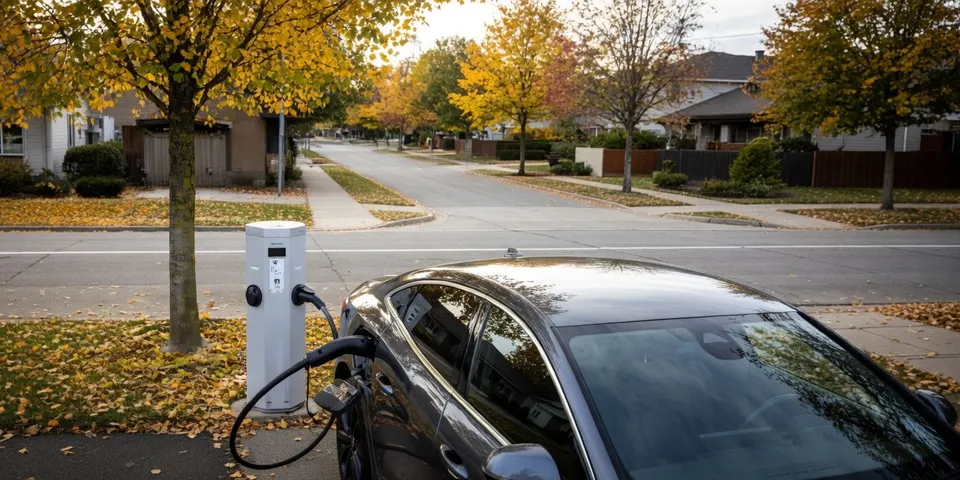Elektrische auto laadt op bij een openbare laadpaal in een woonwijk