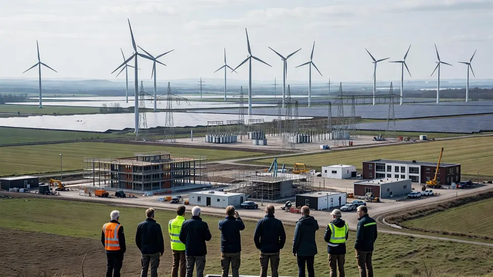 Toekomstige energieknooppunt met windmolens, hoogspanningsmasten en bouwactiviteiten in Noord-Holland