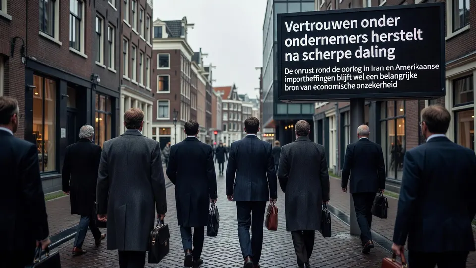 Ondernemers lopen door een winkelstraat, terwijl een scherm bericht over hersteld vertrouwen toont