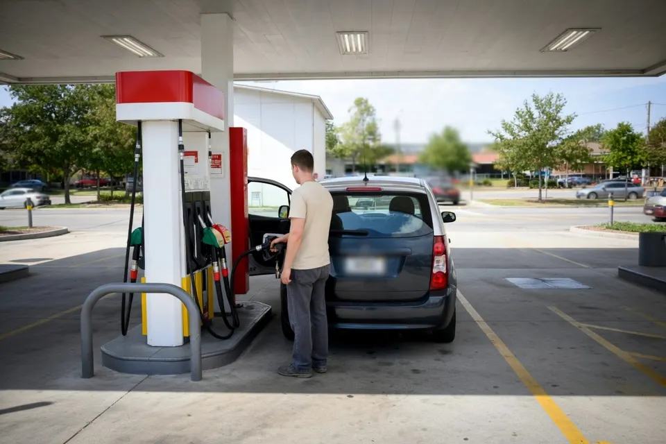Automobilist tankt bij een benzinestation, waar benzine en diesel deze week goedkoper zijn geworden