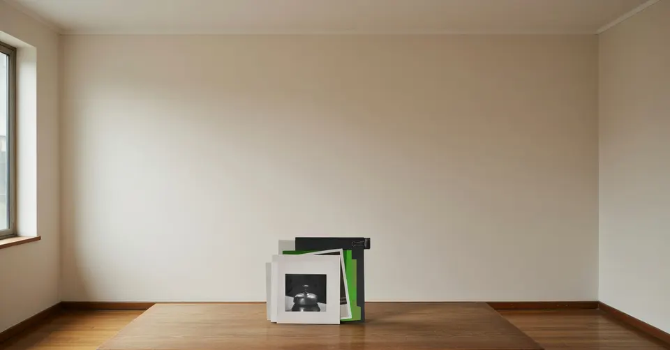 Lege kamer met enkele ingelijste documenten op de vloer