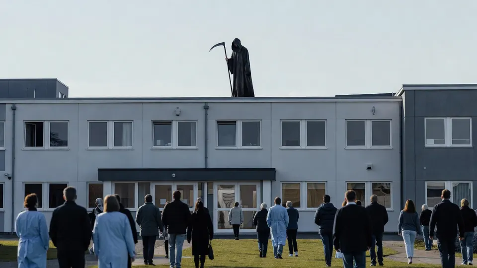 Hulpdiensten en omstanders bij het ziekenhuis waar een man verkleed als Magere Hein op het dak stond