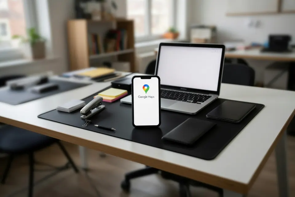 Google Maps op een smartphone naast een laptop