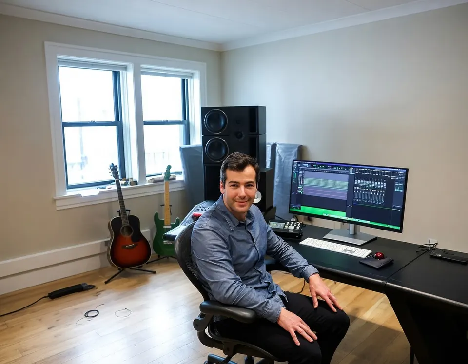 Suno-topman en medeoprichter Mikey Shulman achter een muziekproductiewerkplek