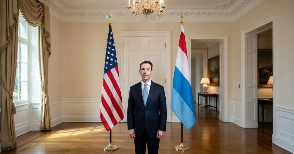 Amerikaanse ambassadeur Joe Popolo bij de vlaggen van de Verenigde Staten en Nederland