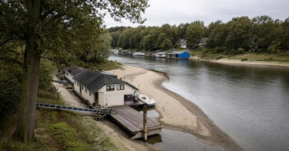 Door laagwater komt een zandbank droog te liggen langs de rivier