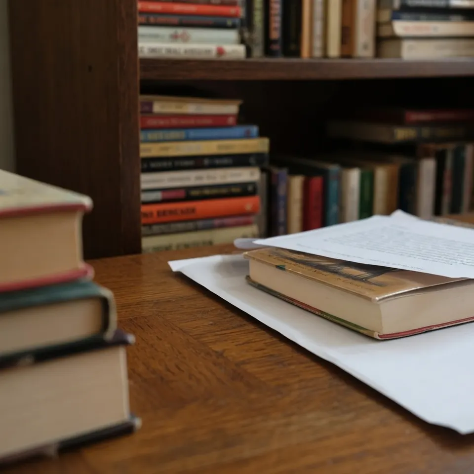 Boeken op tafel en in een boekenkast, waaronder de teruggestuurde eerste druk van The Unstrung Harp