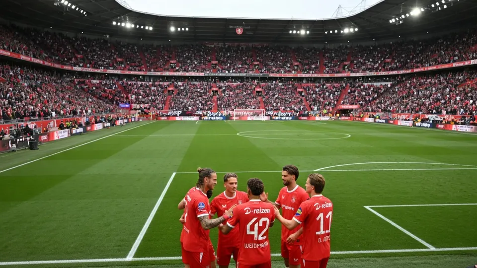 Spelers van FC Twente vieren de 6-0 overwinning op DAC 1904 in de Grolsch Veste