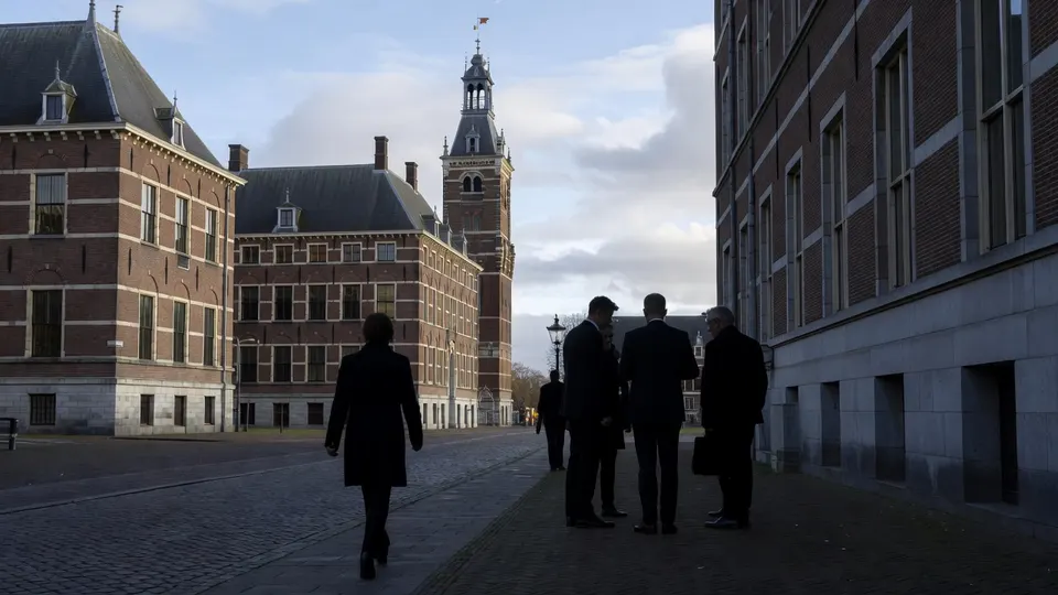 Mensen lopen langs het ministerie van Sociale Zaken in Den Haag