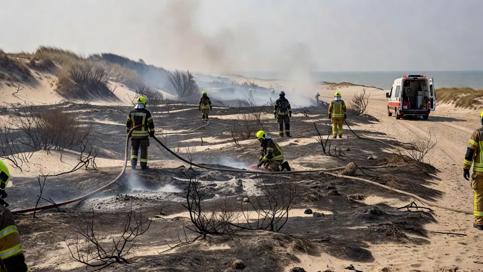 Brandweerlieden blussen de natuurbrand in de duinen bij Ouddorp
