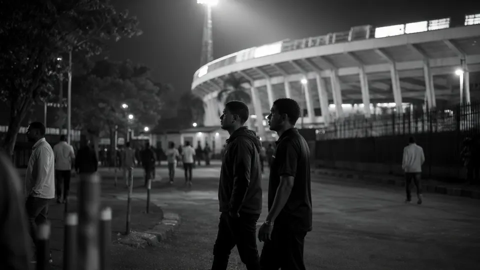 Bezoekers lopen langs een stadion in Kampala, waar voetballer David Owori uitkwam voor SC Villa
