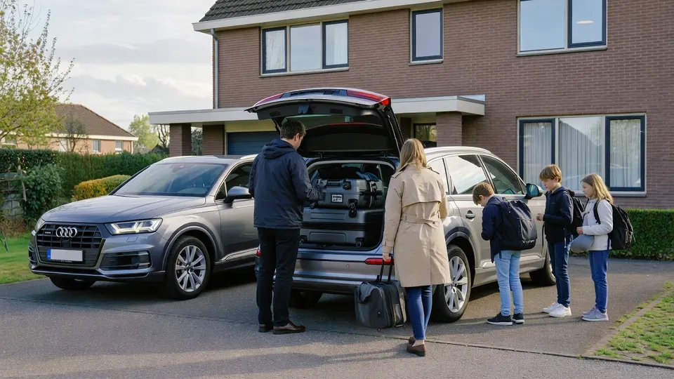 Gezin uit Maartensdijk laadt bagage in een leenauto voor de vakantie naar Italië