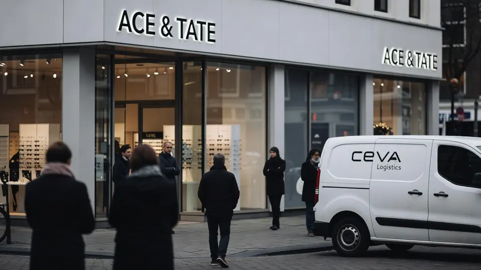 Ace & Tate-winkel met een bestelbus van logistiek bedrijf CEVA Logistics voor de deur