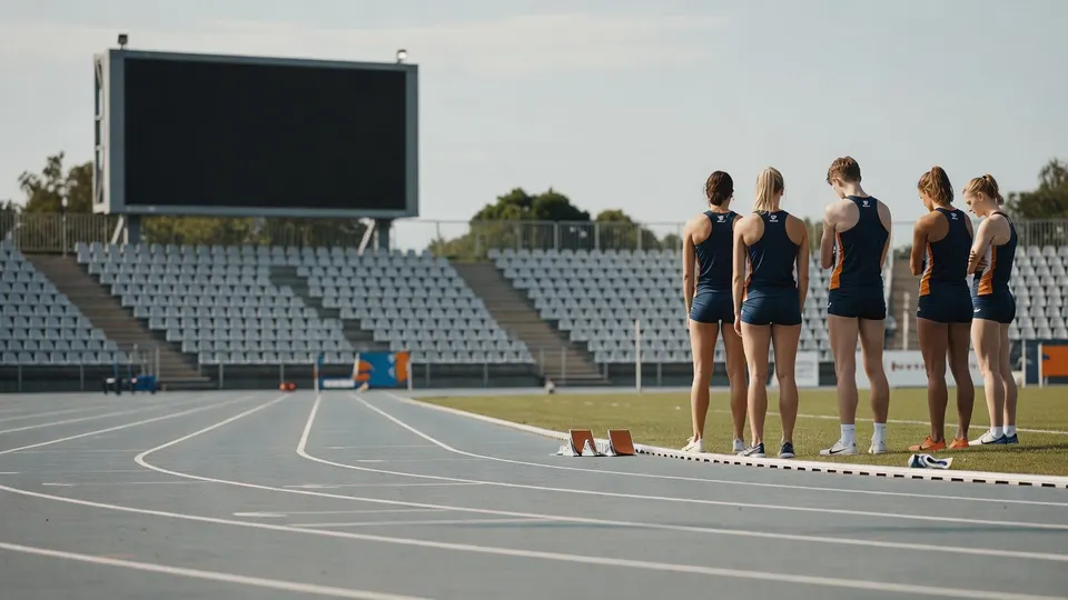 Atletes staan klaar bij de start van een baanonderdeel tijdens de Nederlandse kampioenschappen