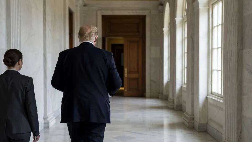 Donald Trump loopt door een gang