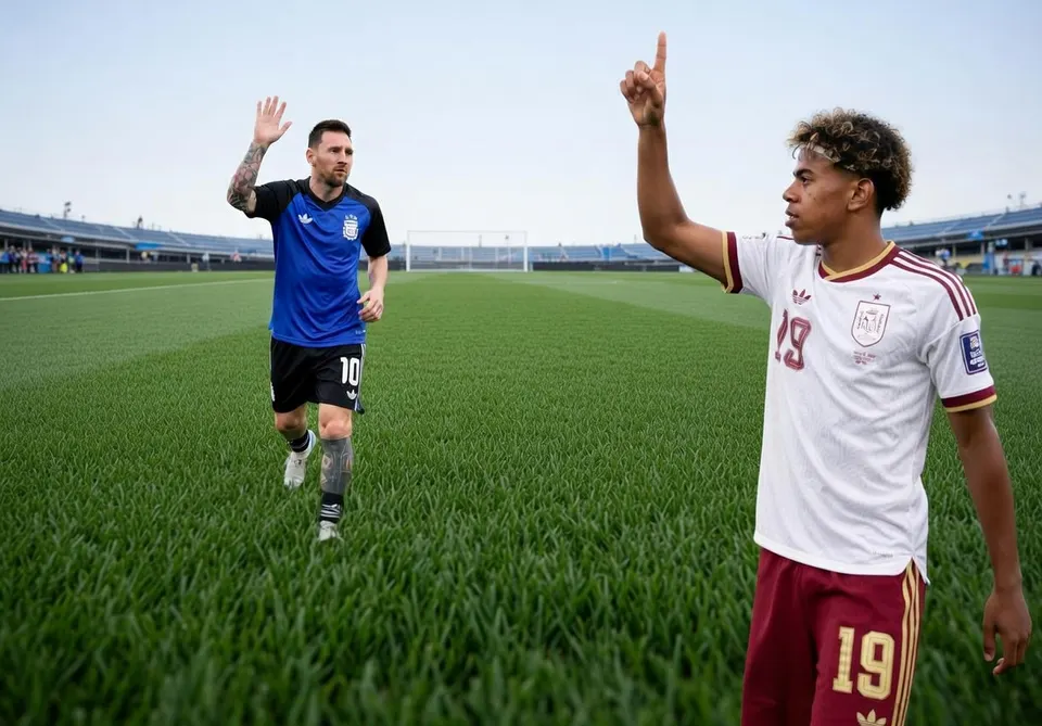 Lionel Messi en de Spaanse speler Lamine Yamal op het voetbalveld