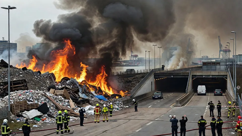 Grote brand in een afvalberg bij een recyclingbedrijf aan de Doklaan in Rotterdam