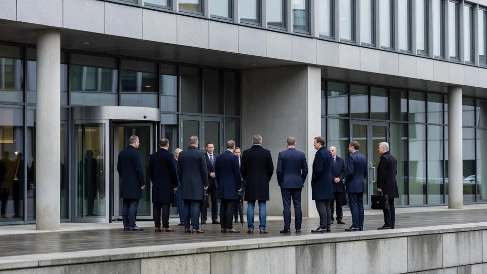 Gemeentelijke bestuurders verzamelen zich bij een overheidsgebouw