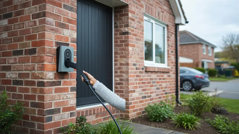 Laadkabel wordt aangesloten op een laadpunt aan de gevel van een woning