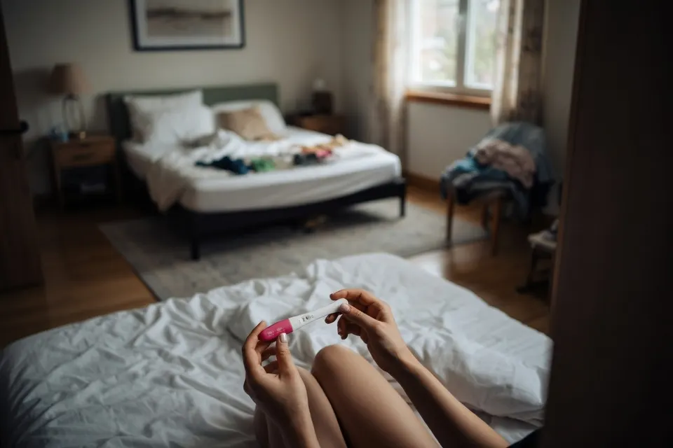Vrouw houdt een positieve zwangerschapstest vast in een slaapkamer