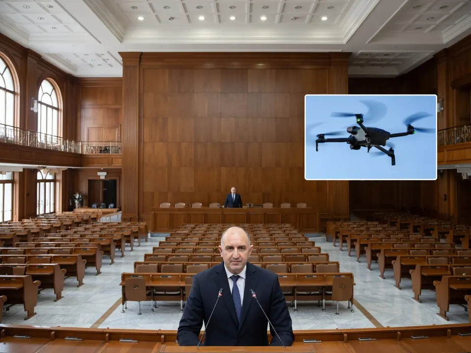 Bulgaarse premier Rumen Radev in het parlement, naast een afbeelding van een drone