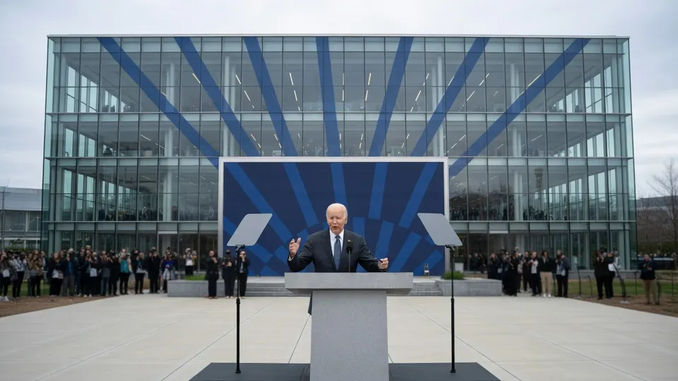 Joe Biden spreekt tijdens een evenement bij een gebouw