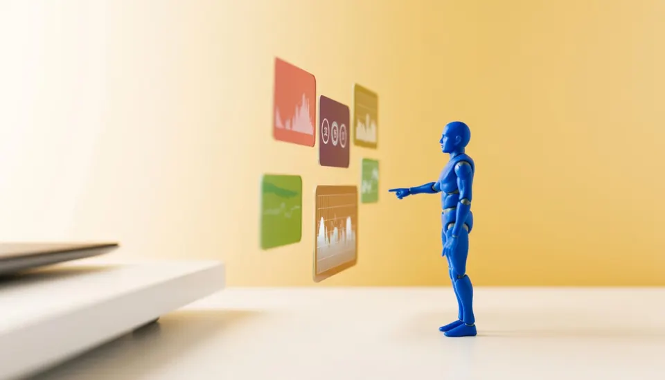 Een robot bekijkt presentatieonderdelen op een scherm