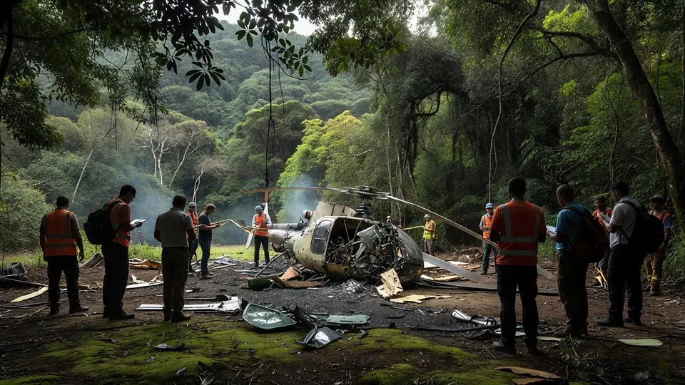 Hulpverleners bij de resten van een helikopter in het nationaal park Tijuca bij Rio de Janeiro