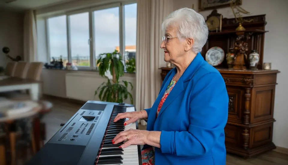 Orgel Joke speelt thuis op haar elektrische piano